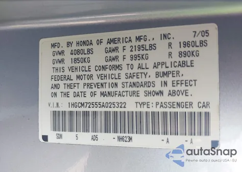 2005 Honda Accord 2.4 Lx Special Edition z USA, uszkodzony, nr VIN 1HGCM72555A025322